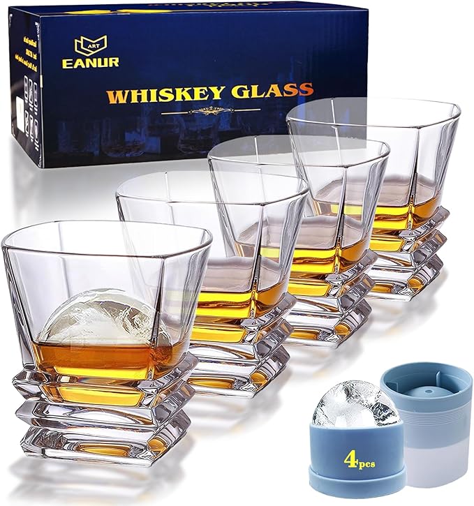 Whiskey Glasses Set of 4 Old Fashioned Glasses 11 oz Rocks Glasses with 4 Ice Ball Molds Gift Box Scotch Cocktail Bourbon Rum Cognac Vodka Liquor, Fathers Day Whiskey Gifts