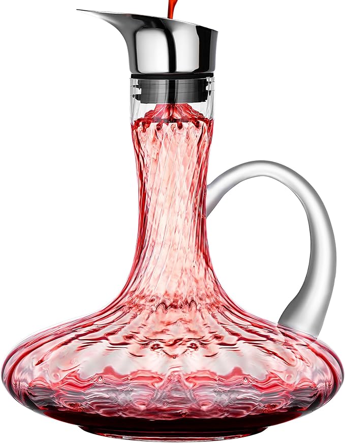 Hand Blown Wine Decanter, 60oz Large Red Wine Decanter With Aerator, Lead-free Striped Glass Carafe, Cute Wine Accessories Set With Handle And Lid Filter, Unique Gifts For Wine Lovers