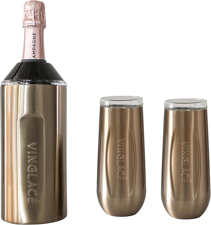 Vinglacé Champagne Bottle Chiller Gift Set- Portable Stainless Steel Sparkling Wine Cooler with 2 Stemless Champagne Flutes, Copper