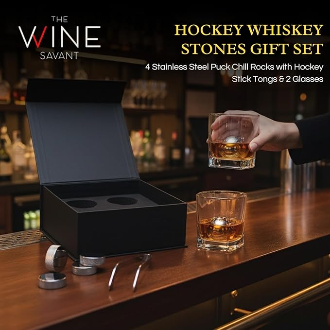 Hockey Puck Whiskey Stones Gift Set with 2 Glasses & Stick Tongs - 7pc Stainless Steel Chilling Rocks, Chill Non-Diluting Freezer Kit, Cool Hockey Gifts for Men, Him, Dad, N H L Gift Boyfriend & Fans