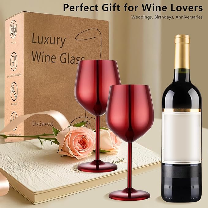 Stainless Steel Wine Glasses Set of 4 Unbreakable Wine Glass 18 oz Unique Metal Wine Goblets for Outdoor, Travel, Camping, Pool, Ideal Gift for Wine Lovers (Mirror-Red)