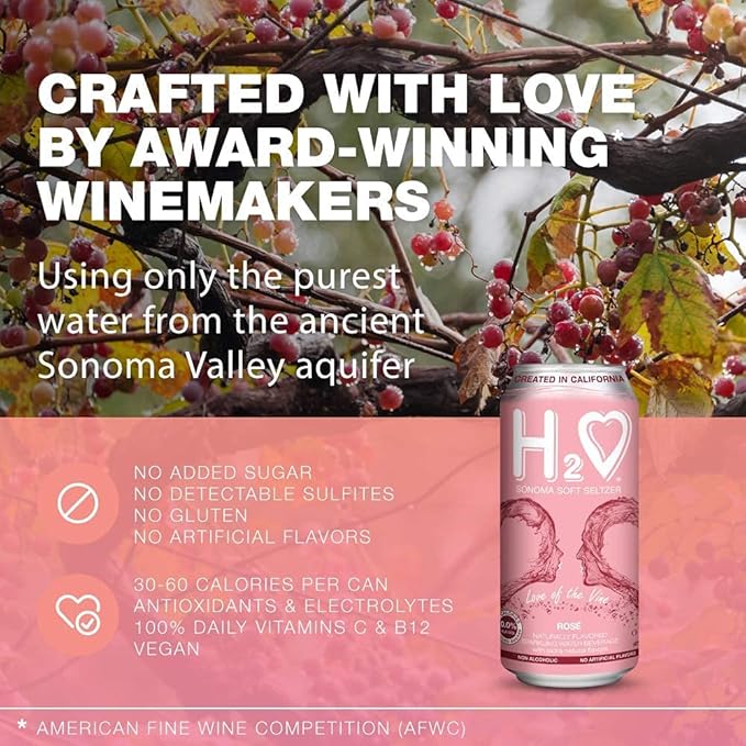H2o (Velvety & Smooth) R24– California Rose Non Alcoholic Wine Infused Refreshment, 0.0% Alcohol, Jam-packed with flavor plus Hydrating Minerals (Larger 1.5x size Sparkling Rose, Pack of 24-12 Fl oz)