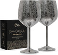 Stainless Steel Wine Glasses - Set of 2 Etched 16 oz Metal Goblets, Unbreakable Black Cups for Camping, Travel, Outdoor Events, Picnics, Luxury Wine Gifts for Women and Men (Gray)