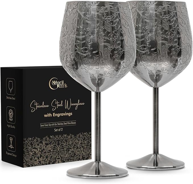 Stainless Steel Wine Glasses - Set of 2 Etched 16 oz Metal Goblets, Unbreakable Black Cups for Camping, Travel, Outdoor Events, Picnics, Luxury Wine Gifts for Women and Men (Gray)