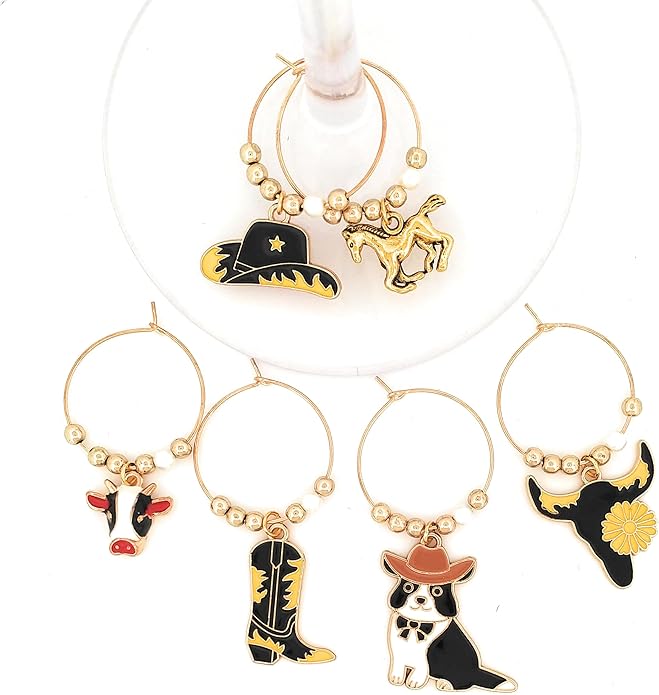 Pixie Cowboy & Cowgirl Wine Charms, 6 Piece Gift Set – Western Glass Tag Identifiers, Horse & Herding Dog Party Favors