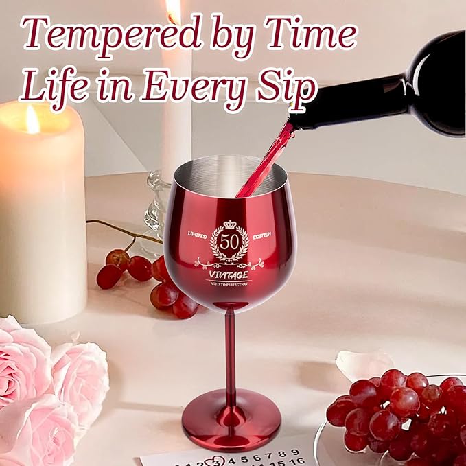50th Birthday Gifts Wine Glass for Her Women, Stainless Steel Metal Unbreakable Decoration Glasses Red Cup 17oz with Vintage Print-Unique 50 Year Old Present for Mom Wife Sister Friend