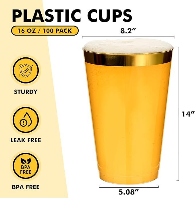 RACETOP 100 Pack 16oz Gold Rimmed Plastic Cups, Heavy Duty Disposable Glasses, Elegant Gold Rimmed Disposable Hard Cups for Party, Thanksgiving, Wine Taesting, Birthday and Christmas.