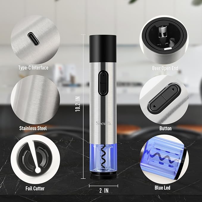 Secura Home Electric Wine Bottle Opener and Beer Opener 2-in-1, Rechargeable Automatic Corkscrew with Foil Cutter, One-click Wine Opener Electric for Home Kitchen Party Wedding