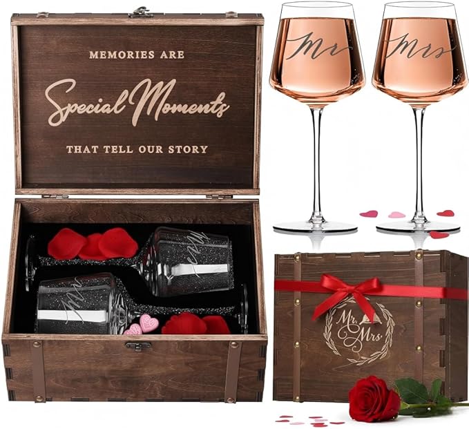 Mr & Mrs Wine Glasses Gift Set with VINTAGE Memory Box – Engagement, Wedding & Newlywed Gifts for Couples, Just Engaged Gifts for Women