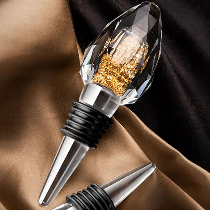 100% Glass Wine Stopper, Clear Decorative Crystal Gold Foil Wine and Beverage Bottle Stopper, Drip Shape Wine Bottle Stopper for Kitchen Wine Décor, Made of Premium Glass and Silicone, 1Pcs