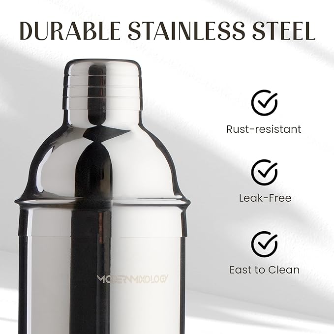 Modern Mixology Pro-Graded Cocktail Shaker Set with Stand | Complete Bartender Kit | 24oz Martini Shaker, Jigger, Strainer, Bar Spoon, Tongs, Opener, Muddler, Home Bar Essentials