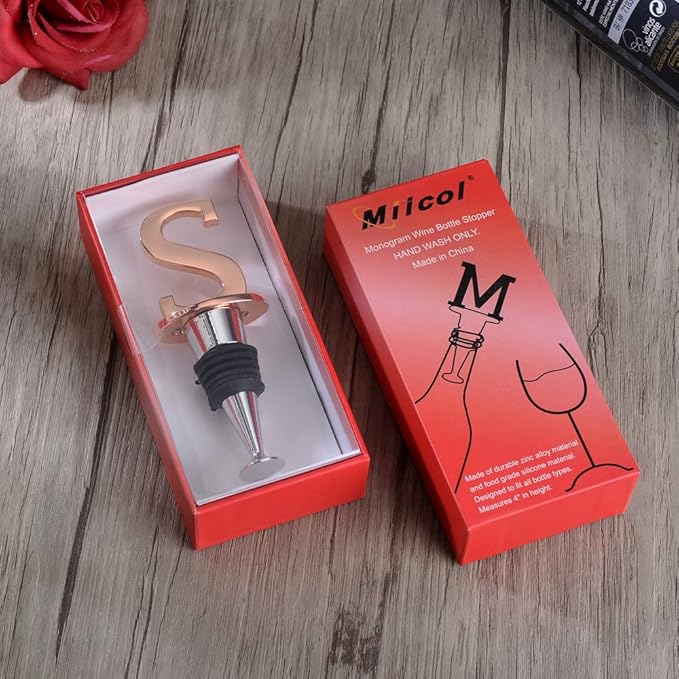 Miicol Wine Bottle Stopper, Prosecco Topper, Rose Gold Wine Stopper, Personalised Champagne Stopper, Initial Funny Prosecco Gift, Wine Lovers Gift, Kitchen Decor, Letter S