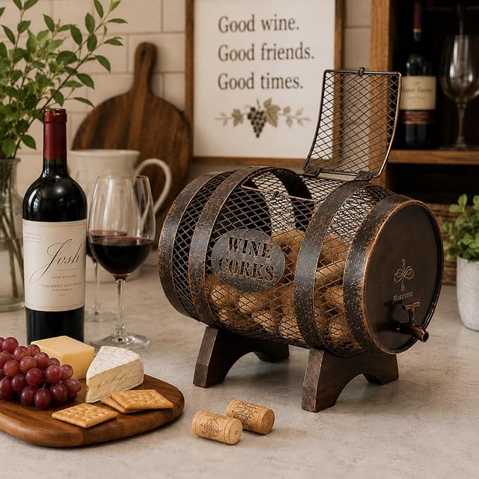Rustic Metal Large Barrel Wine Cork Holder Display On Wooden Stand, Container for Display, Home Decor, Housewarming Gifts, Home Bar Decor, Wine Gifts, Engagement Gifts, Kitchen Decor