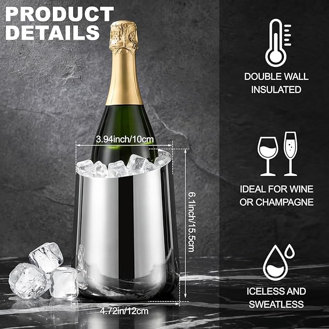 Layhit 2 Pcs Wine Chiller Bucket Stainless Steel Champagne Bucket 750ml Wine Bottle Cooler Champagne Chiller Double Insulated Bottle Cooler to Keep Chilled Without Ice for Party Kitchen Bar(Silver)