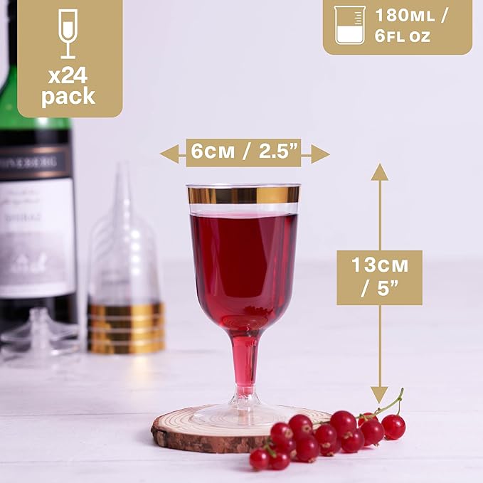 MATANA 24 Elegant Clear Hard Plastic Wine Glasses Gold Rim 6 oz - Sturdy & Reusable Glasses for Cocktails, Dessert - Birthdays, Weddings, Christmas, BBQ, Picnic, Parties