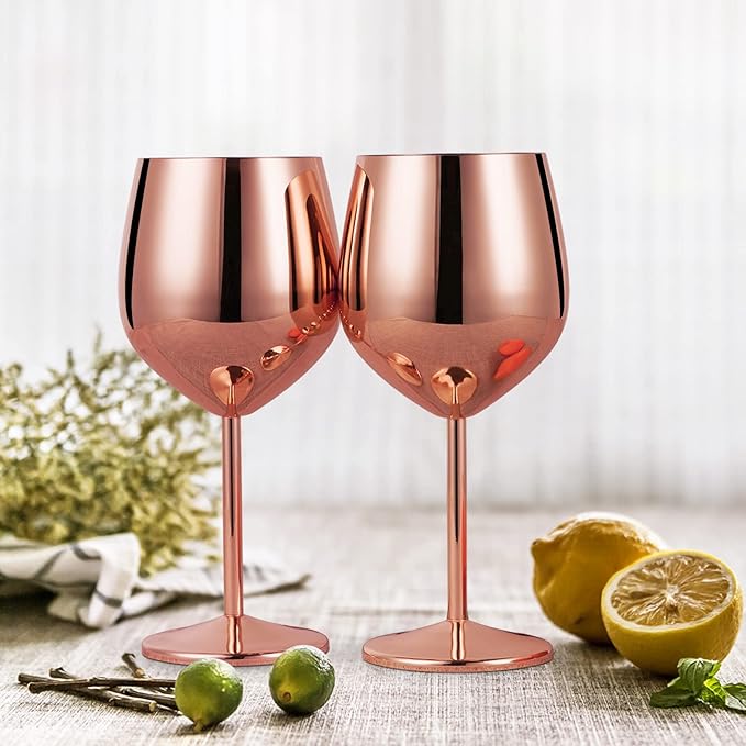 Lifecapido Stainless Steel Stem Wine Glasses Set of 6, 18oz Copper Wine Glasses, Stainless Steel Wine Goblets with Cup Brush for Party Office Wedding Anniversary, Great for Red White Wine(Rose Gold)