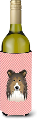 Caroline's Treasures BB1242LITERK Checkerboard Pink Sheltie Wine Bottle Hugger Bottle Cooler Sleeve Hugger Machine Washable Collapsible Insulator Beverage Insulated Holder