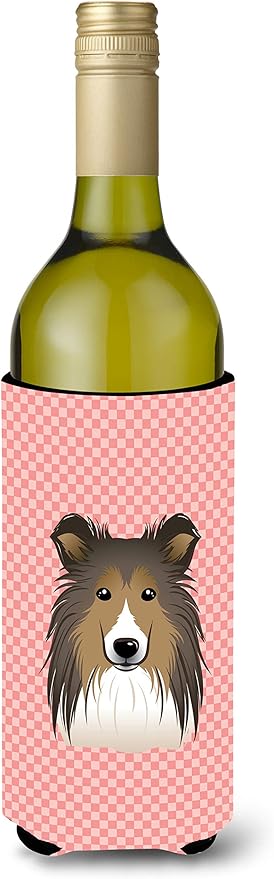 Caroline's Treasures BB1242LITERK Checkerboard Pink Sheltie Wine Bottle Hugger Bottle Cooler Sleeve Hugger Machine Washable Collapsible Insulator Beverage Insulated Holder