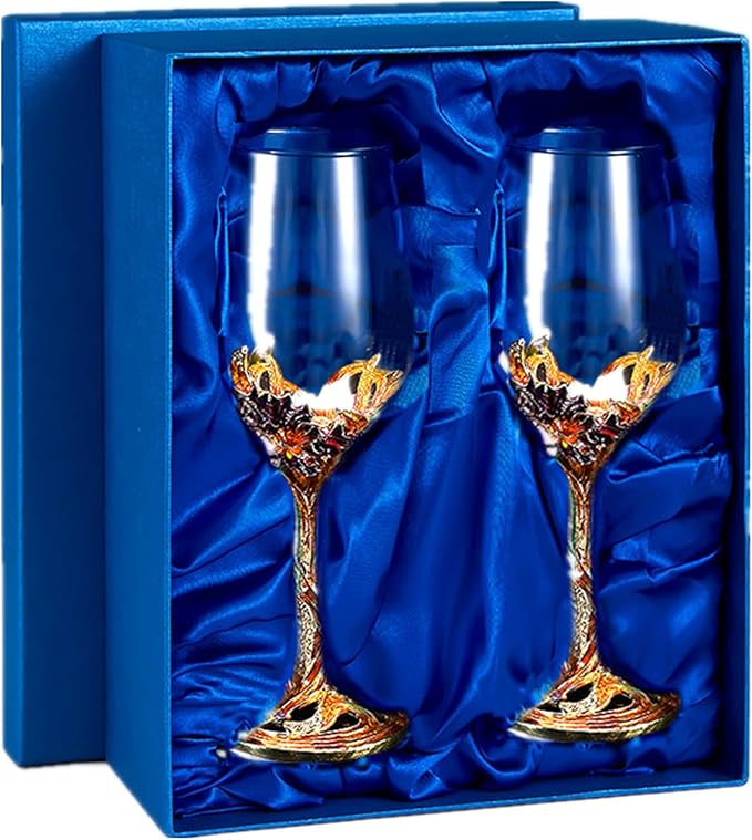 Comeon Wine Glasses Crystal Red Wine Glasses Elegant Champagne Glasses Enamels Floral Decorative Goblets(Golden /2 set(gift box))