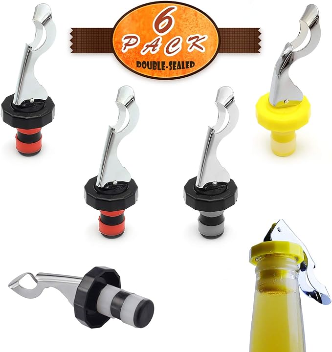 6 Pcs Wine Stoppers, Food-safe Silicone Vacuum Bottle Stoppers, Expanding Manual Beverage Stopper, Reusable Wine Bottle Corks for champagne, beer, whiskey, soda, beverage, water (Red / Yellow / Black)