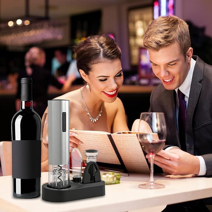 5-in-1 Electric Wine Opener - Auto Wine Bottle Opener with Storage Base,Foil Cutter,Aerating Pourer & Vacuum Stoppers | USB-C Rechargeable | 40+ Opens Per Charge | Gift for Housewarmings