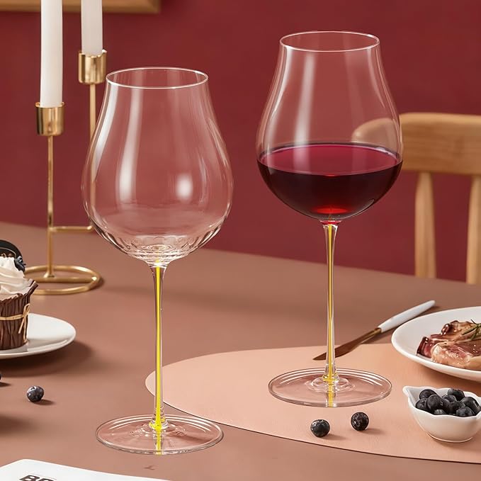 KAMMAK Wine Glasses Set of 2, 24.35 oz Hand Blown Crystal Bordeaux Wine Glasses, Thin Rim & Long Stem, Perfect for Red & White, Daily Use, Wedding or Birthday Gift with Gift Box, Burgundy Yellow