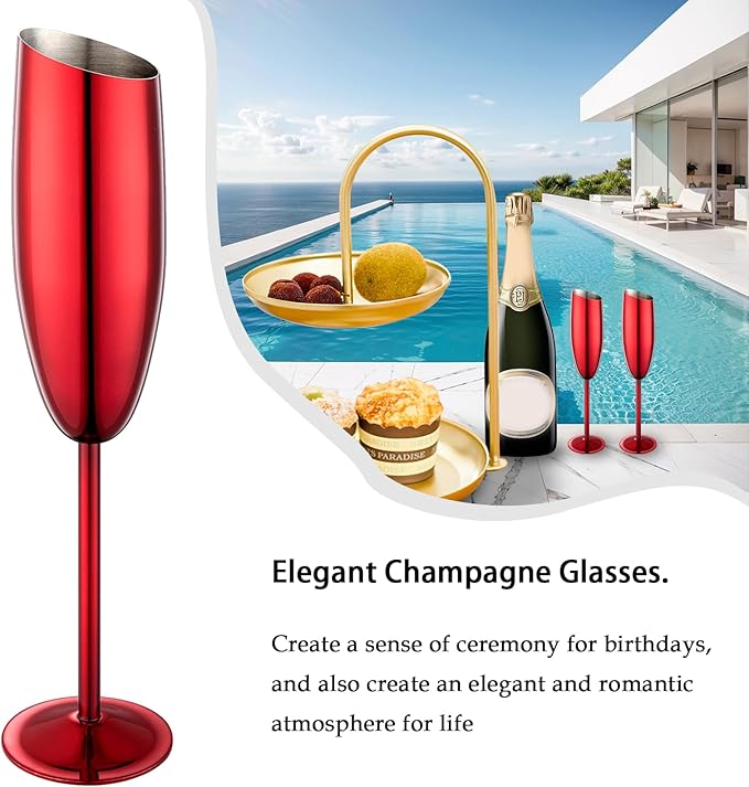 Champagne Flutes Set of 4, Premiumty Stainless Steel High Footed Champagne Glasses, 7oz Capacity,Unbreakable Slanted Champagne Glasses