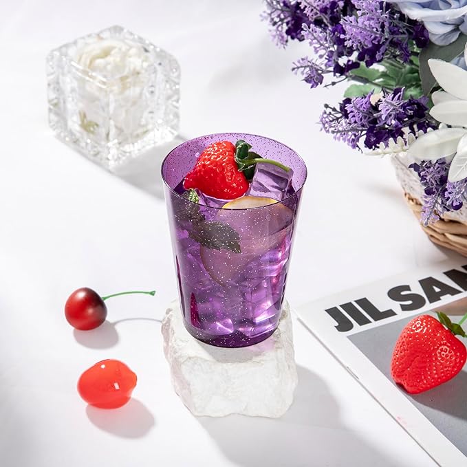 DaYammi 100 Pack 10 oz Purple Plastic Cups- Disposable Cups Tumblers, Elegant Purple Glitter Party Drinking Cup Perfect for Wedding Purple cups Perfect for Mother's Day Party Wedding