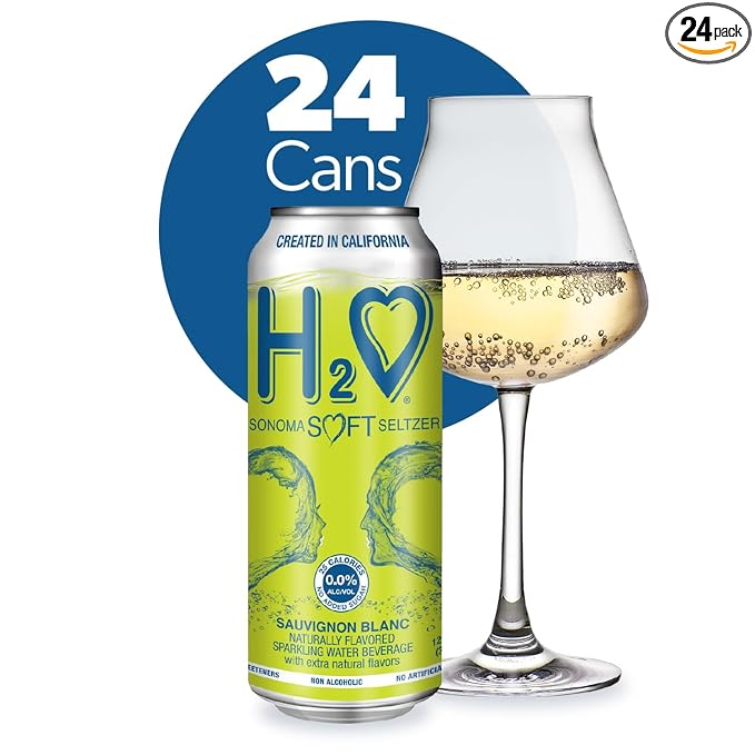 H2o (Excellent Acidity) W24– The Only NA with Science Research | California White Non Alcoholic Wine Infused Refreshment, 0.0% Alcohol, (Larger 1.5x size Sauvignon Blanc, Pack of 24-12 Fl oz)