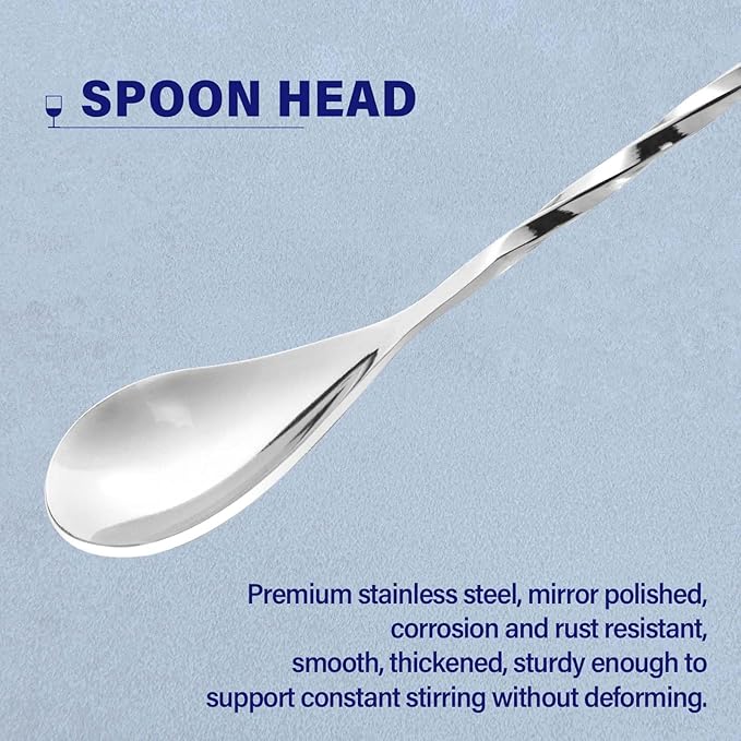 Briout 4 Pieces Bar Spoon, 12 Inches Long Handle Drink Stirrer with Mirror Finished Surface, Stainless Steel Cocktail Mixing Spoons for Drink, Silver