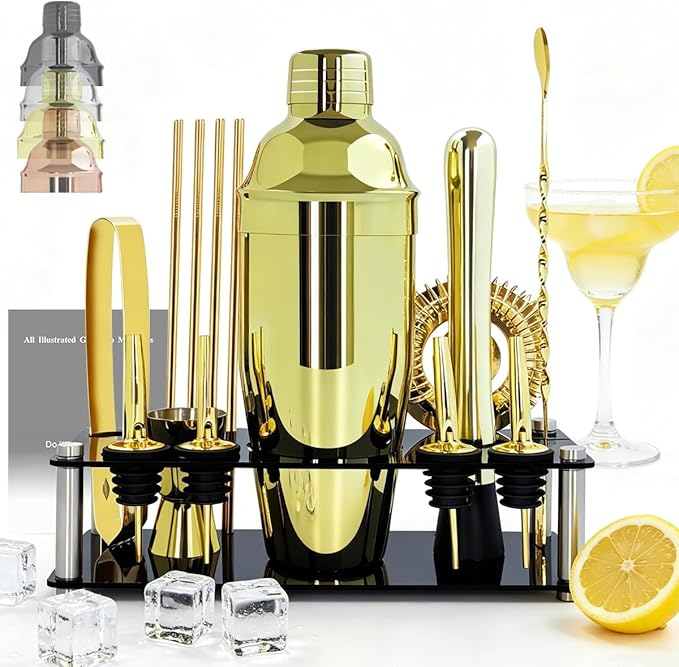14-Piece Cocktail Shaker Set with Stand, Bartender Kit, 25oz Shakers, Bar Set Cocktail Shaker Set, Jigger for Bartending Kit, Drink Mixer Set, Cocktail Set Recipes Booklet Home, Bar, Party (Gold)