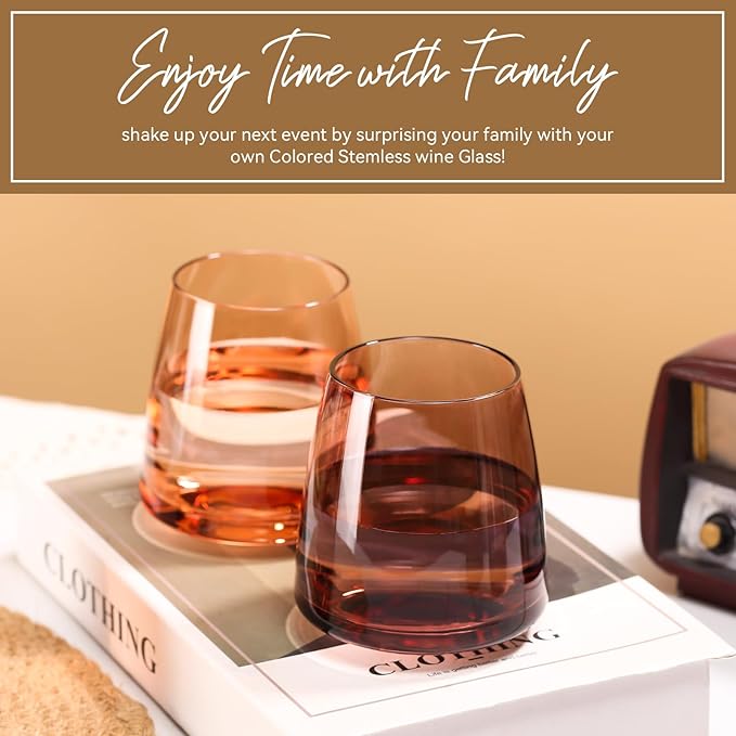 Melanin stemless wine Glasses Set of 6 Brown stemless wine glasses for Wine water,whiskies, juices, cocktails,Unique Gifts for Mother day Birthday Wedding Party