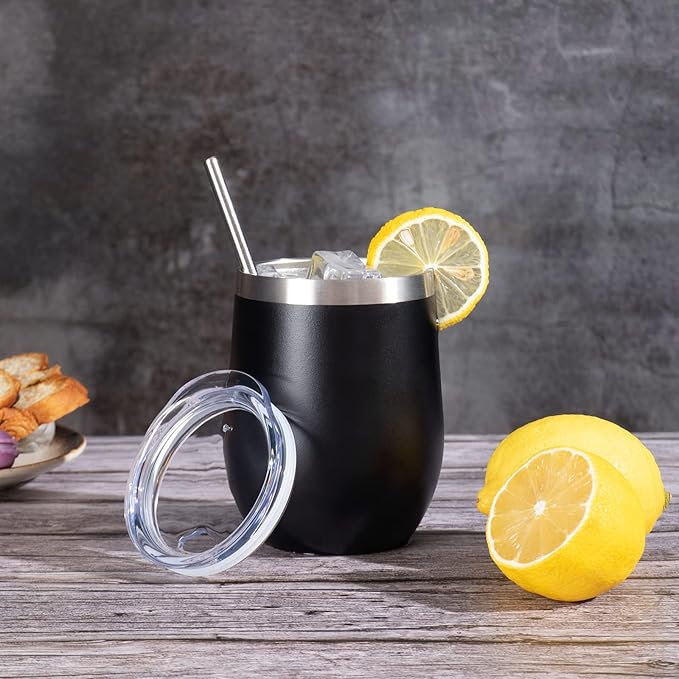 12 oz Insulated Wine Tumbler with Lid and Straw,Stainless Steel Stemless Wine Tumbler Glasses Double Wall Vacuum Wine Cups Tumbler Bulk for Coffee,Cocktail,Office(Black,8)