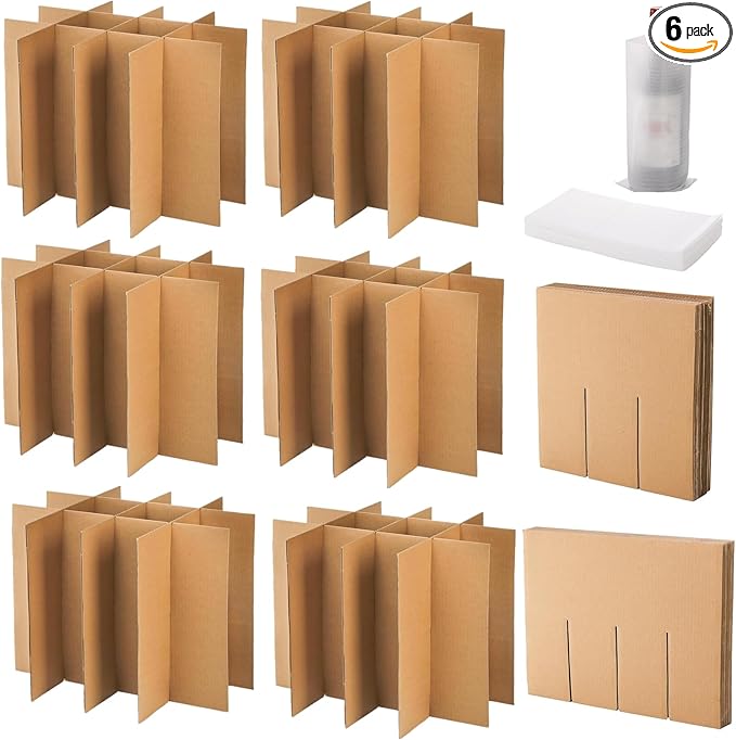 Dicunoy 6 Sets Glass Divider Kits for Moving, Carboard Wine Glassware Dish Packing with 72 Package Foam Pouches, for 16 x 12 x 12 Inch Box