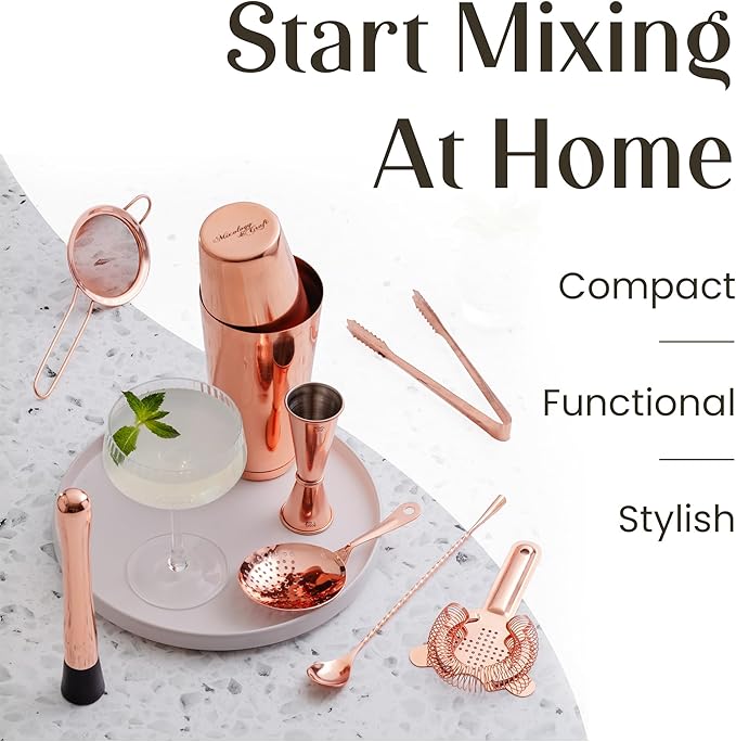 Mixology & Craft Deluxe Copper Cocktail Shaker Set – Weighted Boston Shaker Kit for Bartenders – Includes Japanese Jigger, Muddler, Pourers, Strainers – Perfect for Home Bars and Gifts