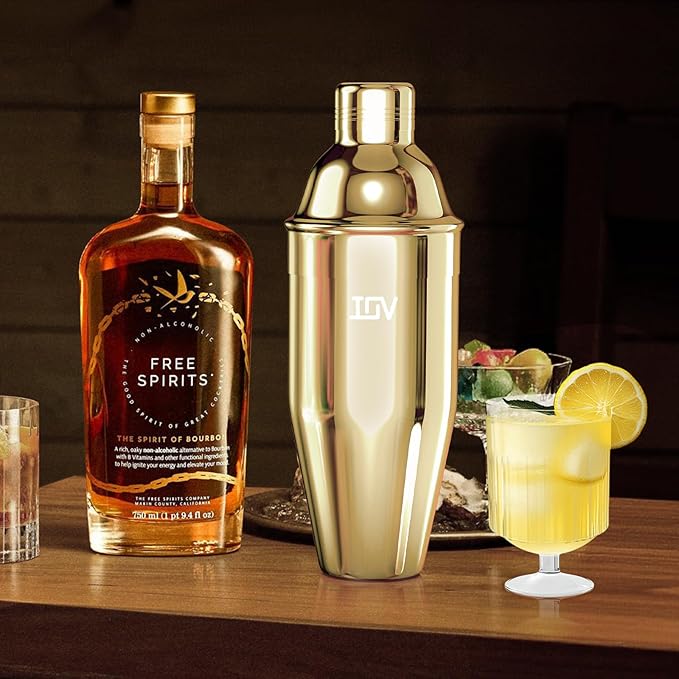 IOV Cocktail Shaker, 24 oz Martini Shaker, Drink Mixer with Built-in Strainer, Professional Stainless Steel Margarita Alcohol Shaker with Cocktail Recipe Guide, Bartender Kit Gifts, Gold