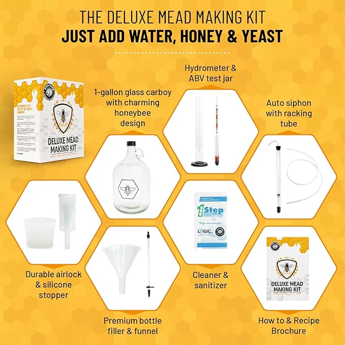 Complete Mead Making Kit for Beginners – Home Brewing Starter Kit – Includes 1 Gallon Glass Jug Carboy - Alcohol Hydrometer for Alcohol Test – Auto Siphon – Airlock – How to Guide and More