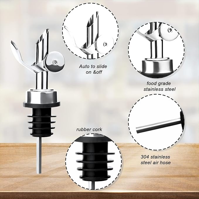 Weighted Stainless Steel Liquor Bottle Pourers: Auto Flip Spouts for Precise Pouring, Leak-Proof and Dishwasher-Safe (4pcs - Silver)