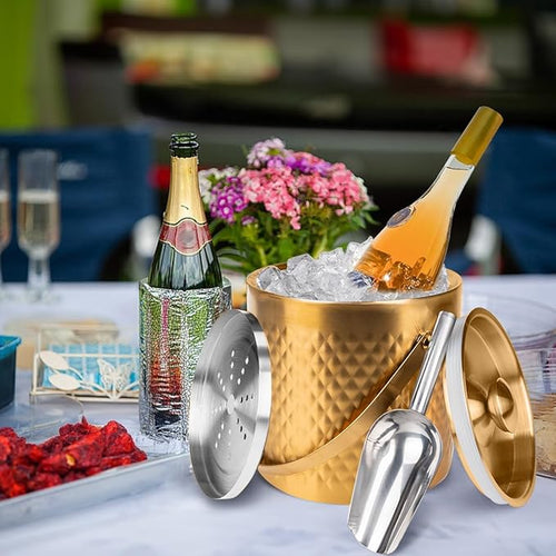 3L Double-Wall Insulated Stainless Steel Ice Bucket with scoop for Cocktail Bar - Metal Ice Bucket for freezer with Lid for parties,Camping,and More!champagne bucket,bar cart accessories(gold)