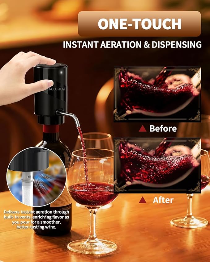 CIRCLE JOY Electric Wine Aerator Pourer, Rechargeable Automatic Wine Decanter and Wine Dispenser with Touch Button Control, Perfect Wine Gift for Home Party & Wine Lovers, Black