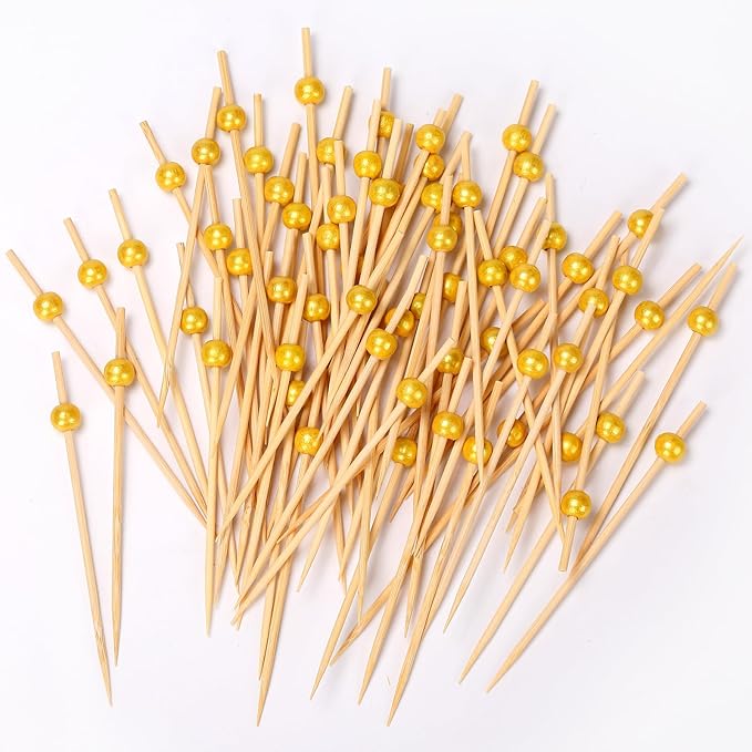 200 PCS Premium Cocktail Picks, 4.7 Inch Long Cocktail Toothpicks Skewers for Appetizers，Fancy Cocktail Appetizer Pick Sticks Skewers for Drinks, Garnish，Fruit，Birthday, Wedding or Parties（Gold）