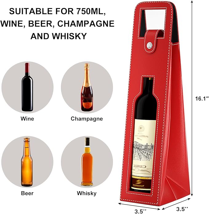 RYDDOY Wine Gift Bag, Reusable Leather Wine Tote Carrier, Single Bottle Champagne Beer Gift Bags Carrier for Birthday, Wedding, Picnic Party, Christmas festival Gifts (Red)