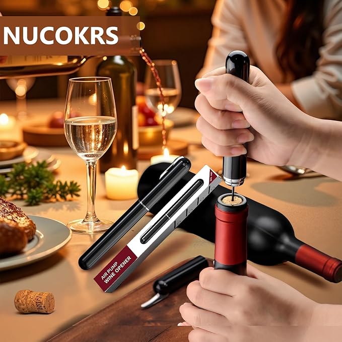 Wine Opener Manual with Foil Cutter Pack of 2 - NUCOKRS Aeropop Style Corkscrew Pen Shape Design 3 to 7 Air Pumps to Open (Black+Black)