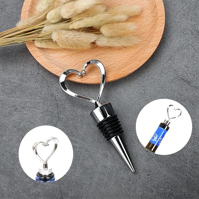 4 Pcs Silver Stainless Steel Love Design Wine Bottle Stoppers, Heart Shape Wine and Beverage Bottle Stoppers for Guests
