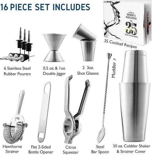 Bar Set Cocktail Shaker Set, Stainless Steel Mixology Bartender Kit, 16 Piece Cocktail Kit, Silver Cocktail Set, Bar Tools: 30oz Martini Shaker, Muddler, Bar Kit Cocktail Book, Jigger and Pourers