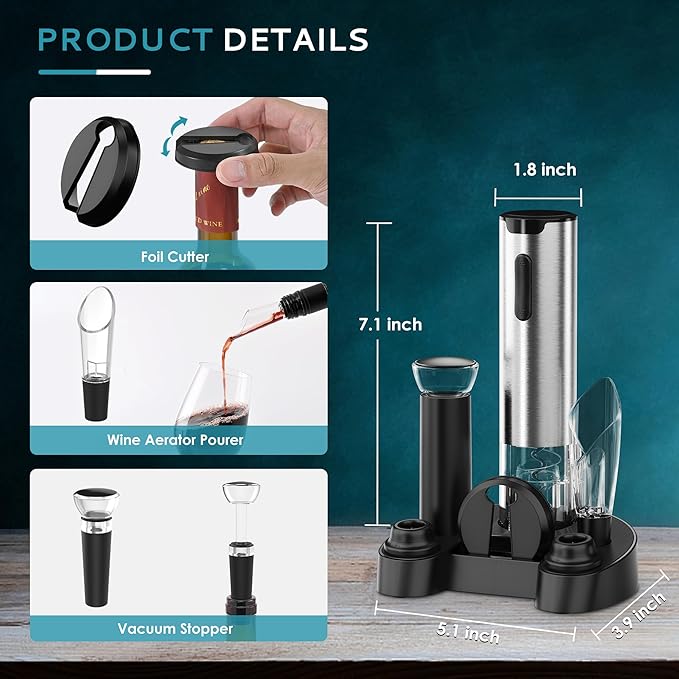 EUHOMY Electric Wine Opener with Charging Base, Wine Aerator Pourer and Foil Cutter, Stainless Steel Automatic Corkscrew Opener with Wine Vacuum Stopper, Fine Set for Wine Lovers