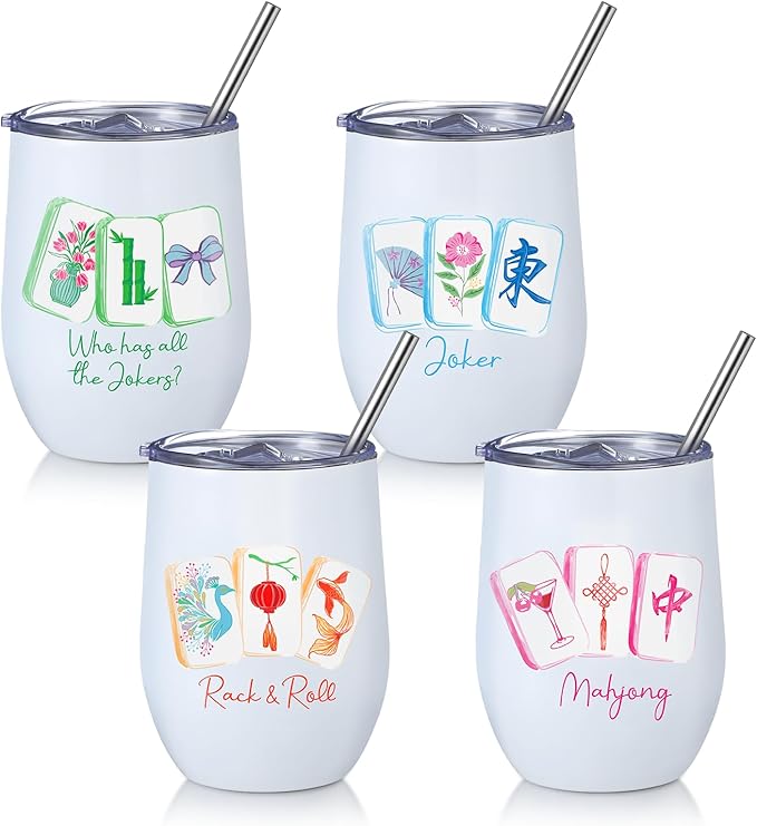 Patelai 4 Pack 12 oz Mahjong Tumbler Set with Tiles Print, Mah Jong Stainless Steel Glasses with Lid Insulated Tumblers, Accessories Gifts for Mahjong Game Birthday Party Gifts