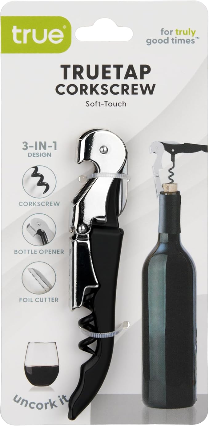 True Truetap Double Hinged Waiter's Corkscrew Wine Opener, Stainless Steel Wine Bottle Opener with Foil Cutter, Home Bar Tools, Bar Cart Accessories, Wedding Gifts, Set of 1, Black