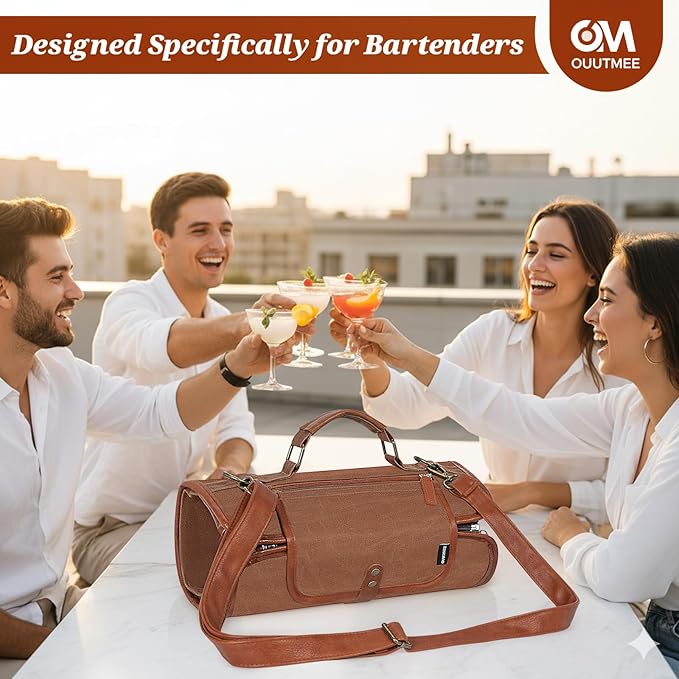 Travel Bartender Kit Bag with 22-Pc Cocktail Shaker Set, Waxed Canvas Protable Carrying Bartender Bag with Stainless Steel Bar Tool Set, Roll-Up Bartenders Kits for Professional Bartenders