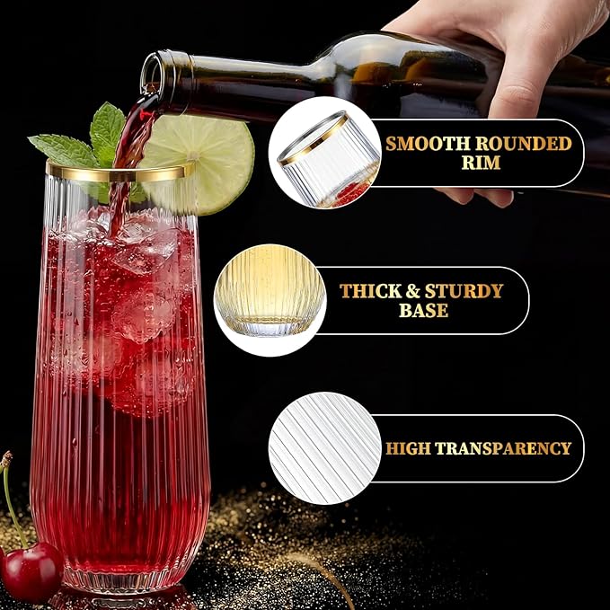 GuanQiao 12 Pack Stemless Plastic Champagne Flutes with Gold Rim, 9oz Ribbed Disposable Champagne Glasses, Heavy Duty Shatterproof Mimosa Glasses for Wine Wedding Bridal Shower Party Supplies Birthday
